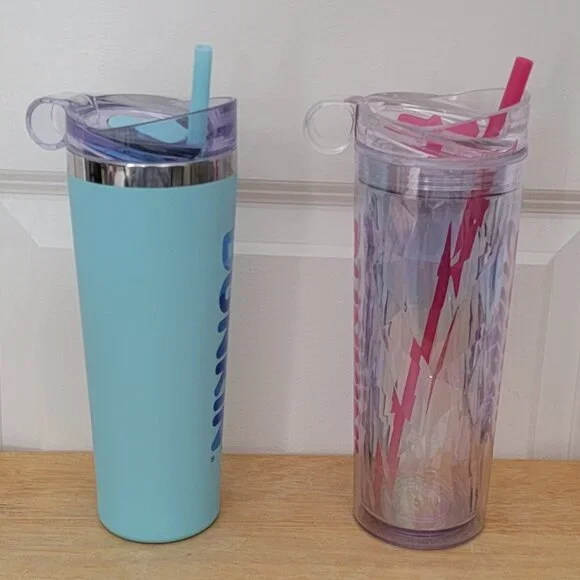 2 Rare Dunkin' 2025 24oz. Tumblers. Pink Chiseled Ice & Blue Soft Touch. - Picture 3 of 7